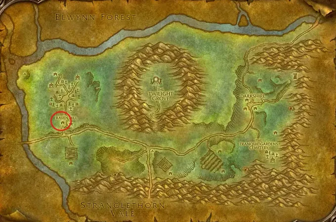 Duskwoow map in WoW Forever showing the fallen guard location near Raven hill