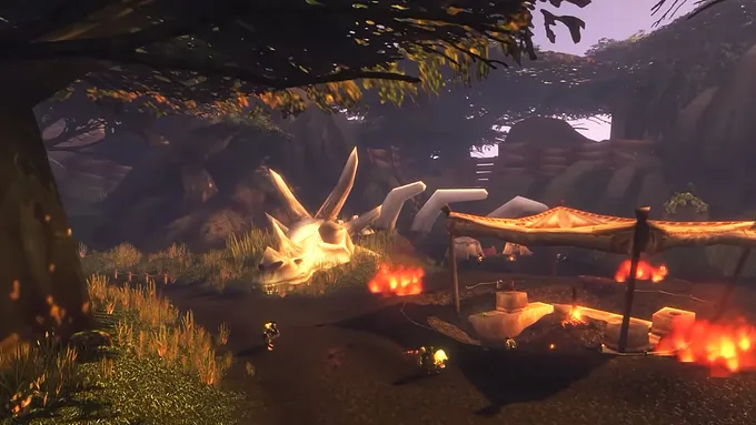 Giant horned dinosaur skeleton beside a dwarven dig camp with campfires and tall grass in the WoW Forever Excavation Site dungeon.