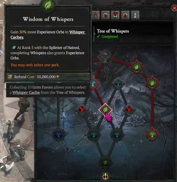 Diablo 4 War Plan nodes for the Tree of Whispers highlighting the Wisdom of Whispers node