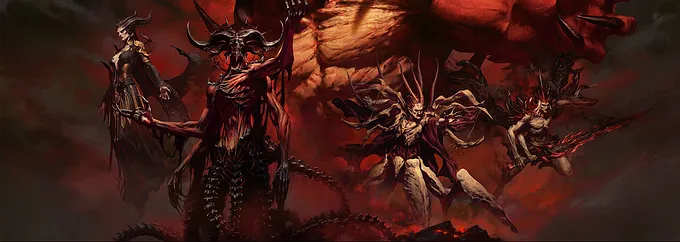 Diablo 4 key art featuring Lilith and demonic figures in a red hellscape