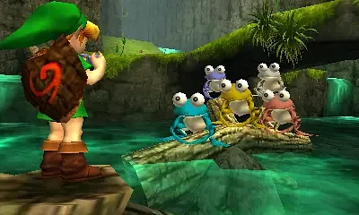 Zelda Ocarina of Time Link singing with the Ocarina to the group of frogs on the water